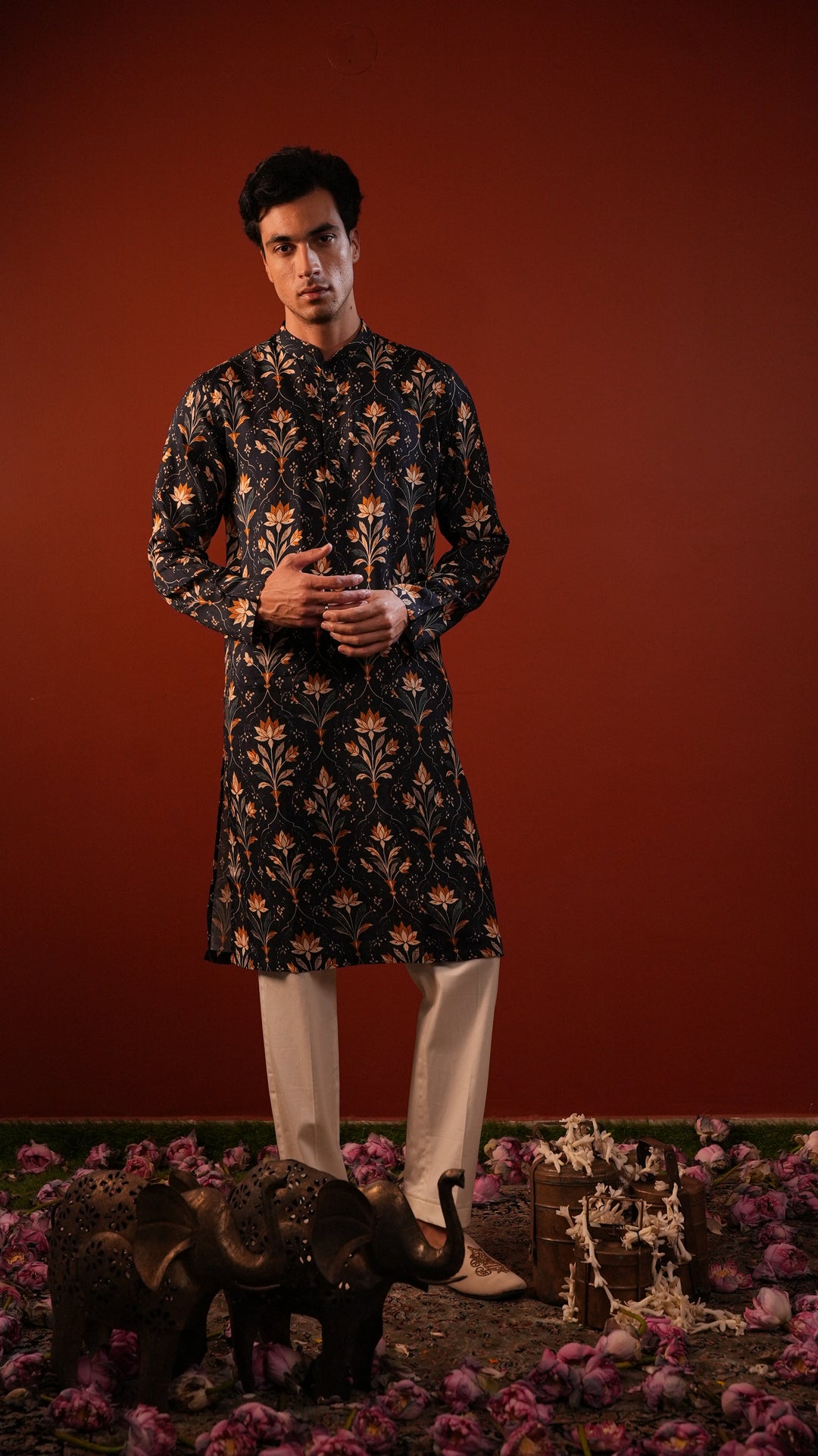 Kanjal — Black Printed Falling Raw Silk Kurta