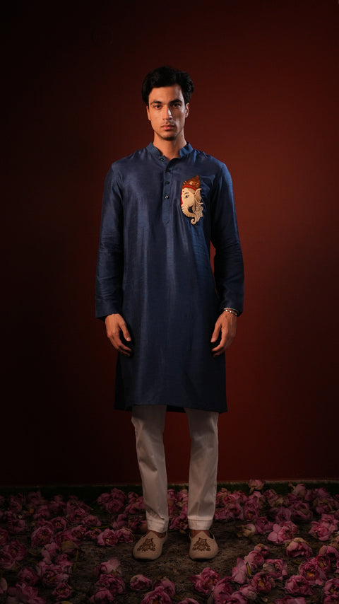 Dhuraketu — Navy Thread Embroidered Falling Raw Silk Kurta