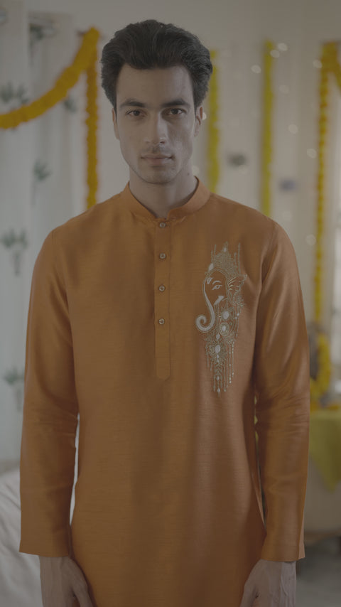 Ishan — Saffron Thread Embroidered Falling Raw Silk Kurta