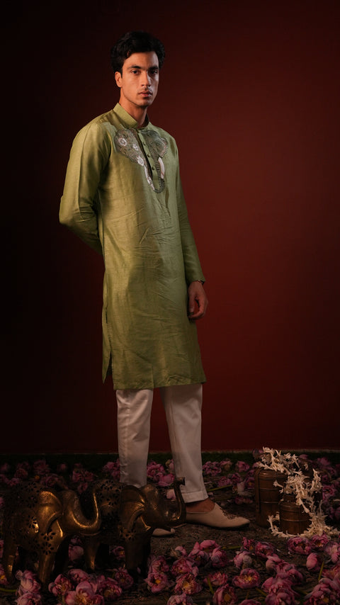 Siddhi — Olive Green Thread Embroidered Falling Raw Silk Kurta