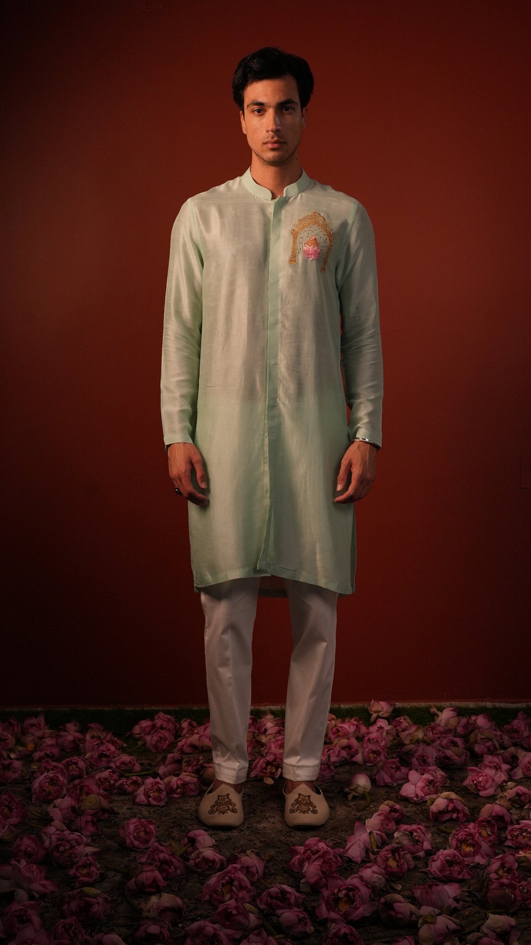 Amod — Mint Green Thread Embroidered Falling Raw Silk Kurta