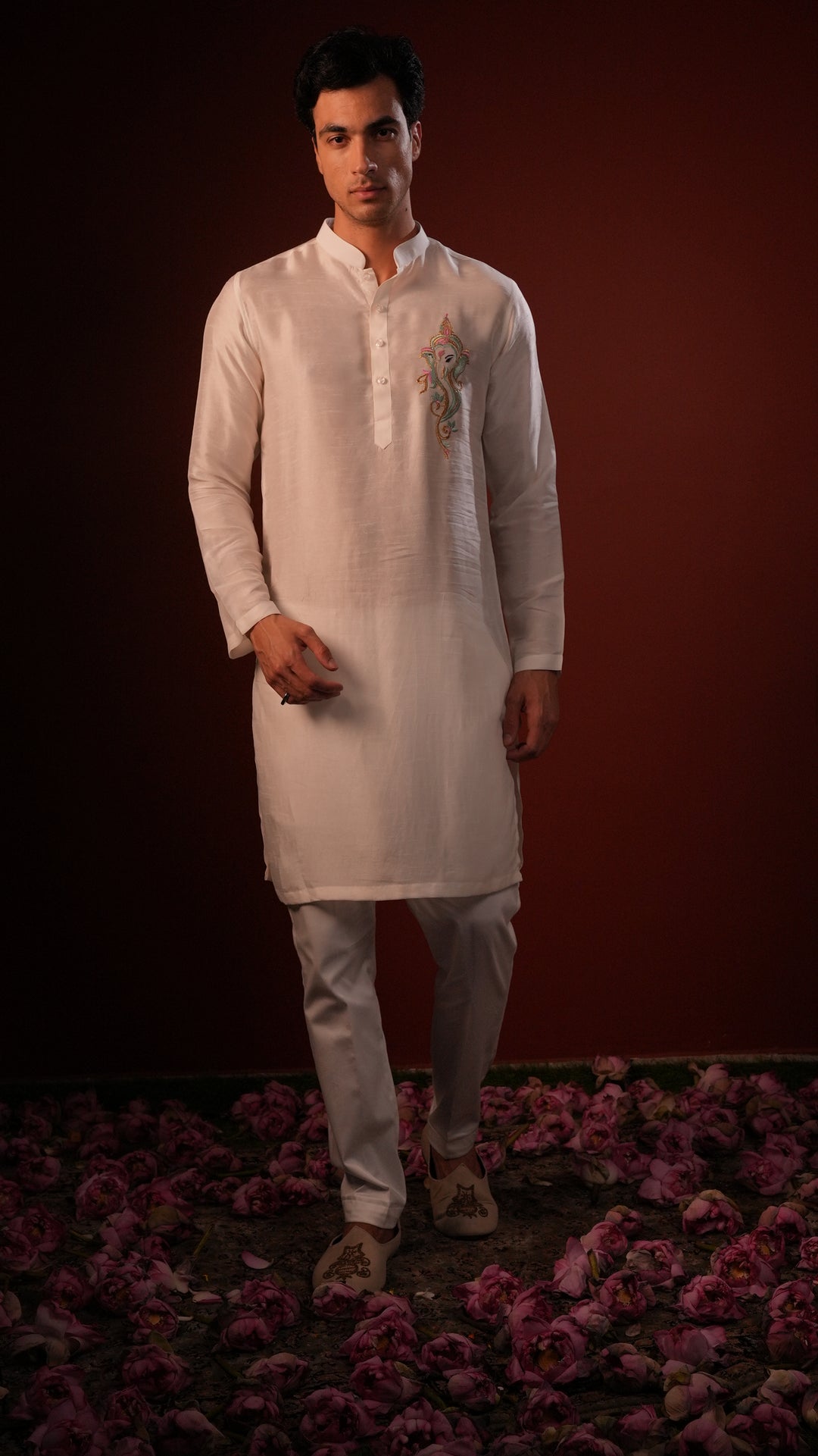 Ekanth — White Thread Embroidered Falling Raw Silk Kurta