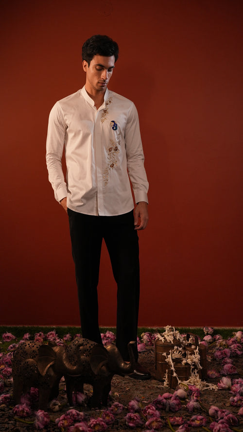 Gunina — White Thread Embroidered Falling Raw Silk Shirt