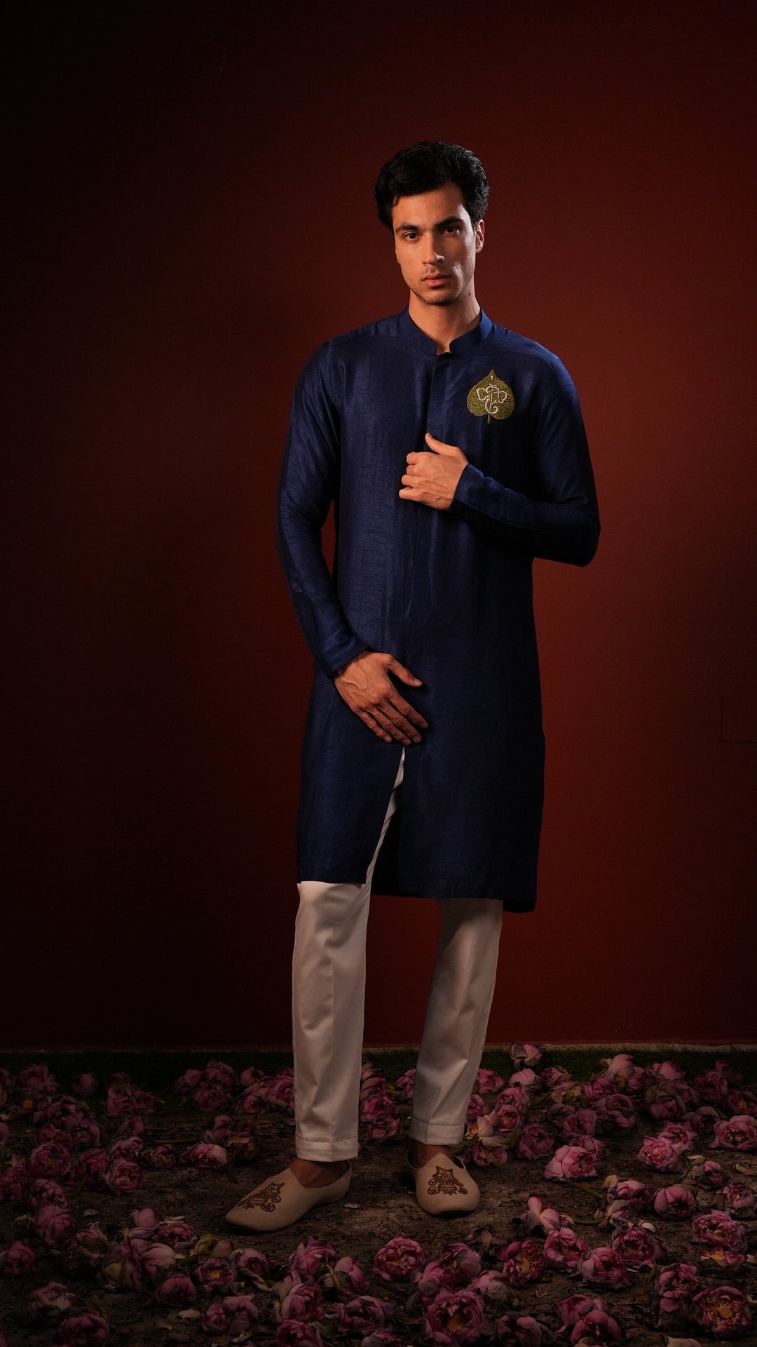 Durja — Navy Thread Embroidered Falling Raw Silk Kurta