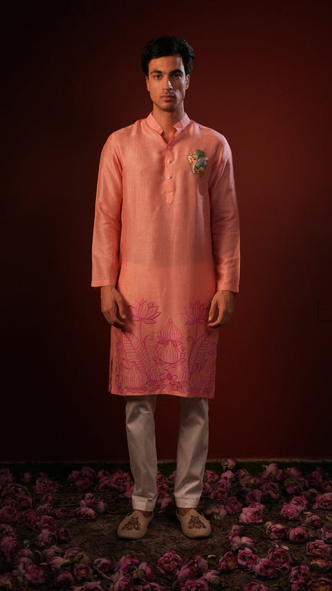 Shubhan — Peach Thread Embroidered Falling Raw Silk Kurta