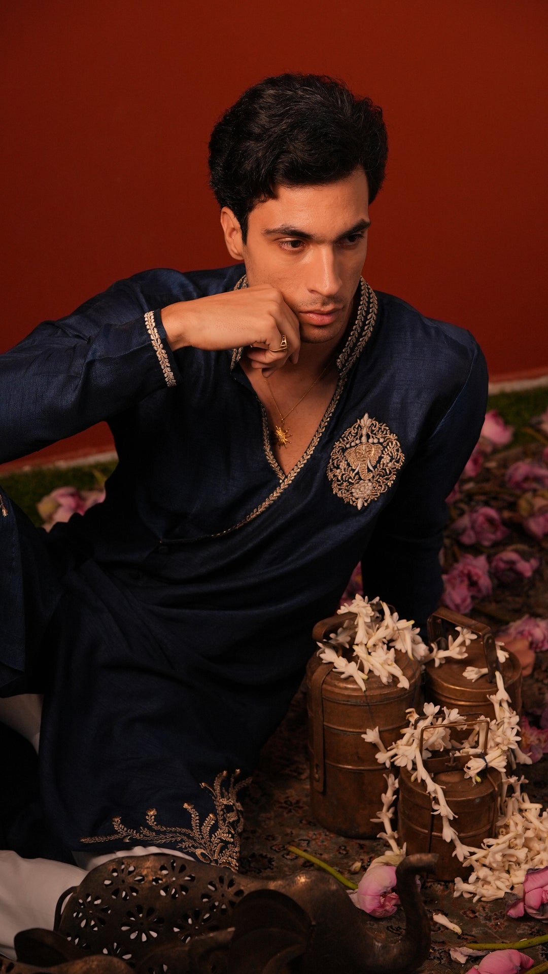 Manomaya — Navy Thread Embroidered Falling Raw Silk Kurta