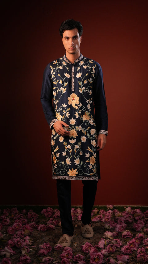 Subodh — Navy Hand Embroidered Falling Raw Silk Kurta