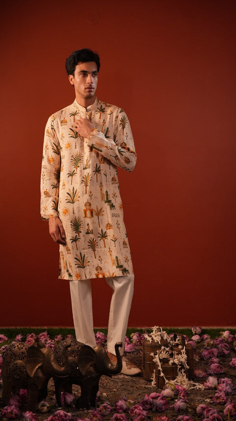 Vanya — Cream Printed Falling Raw Silk Kurta