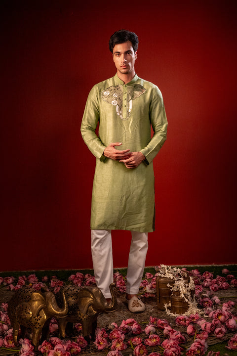 Siddhi — Olive Green Thread Embroidered Falling Raw Silk Kurta