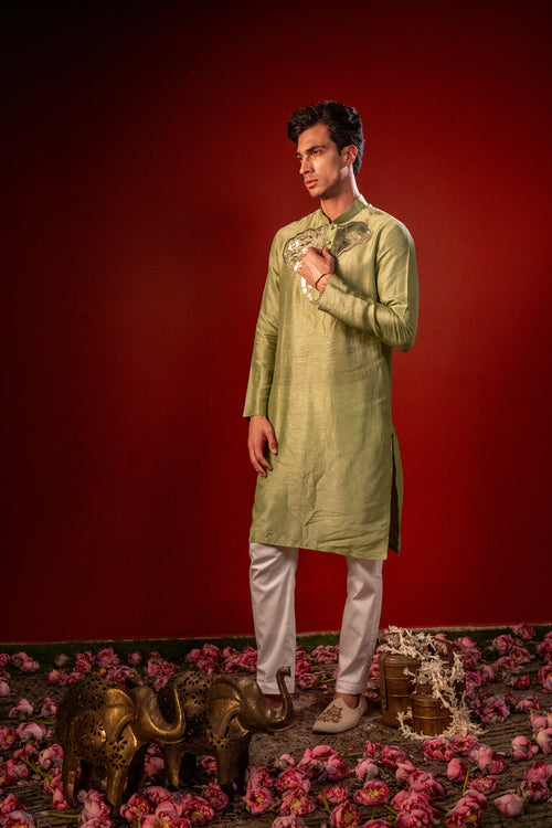 Nishant— Olive Green Thread Embroidered Falling Raw Silk Kurta