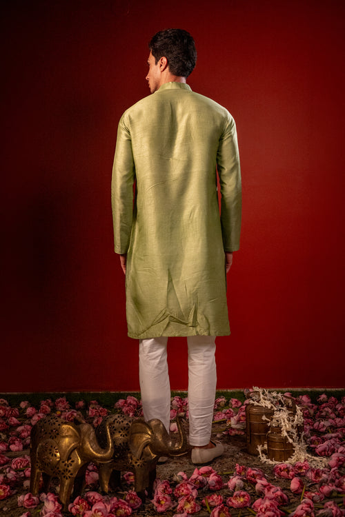 Nishant— Olive Green Thread Embroidered Falling Raw Silk Kurta