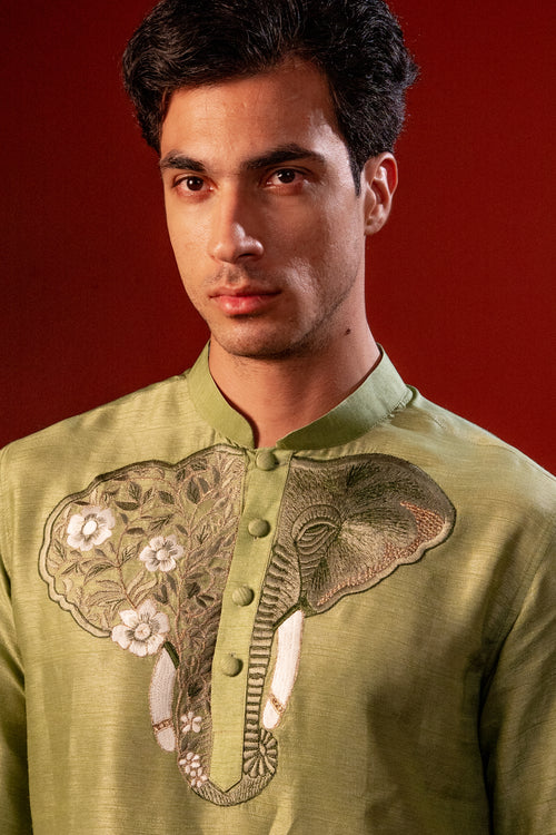 Nishant— Olive Green Thread Embroidered Falling Raw Silk Kurta