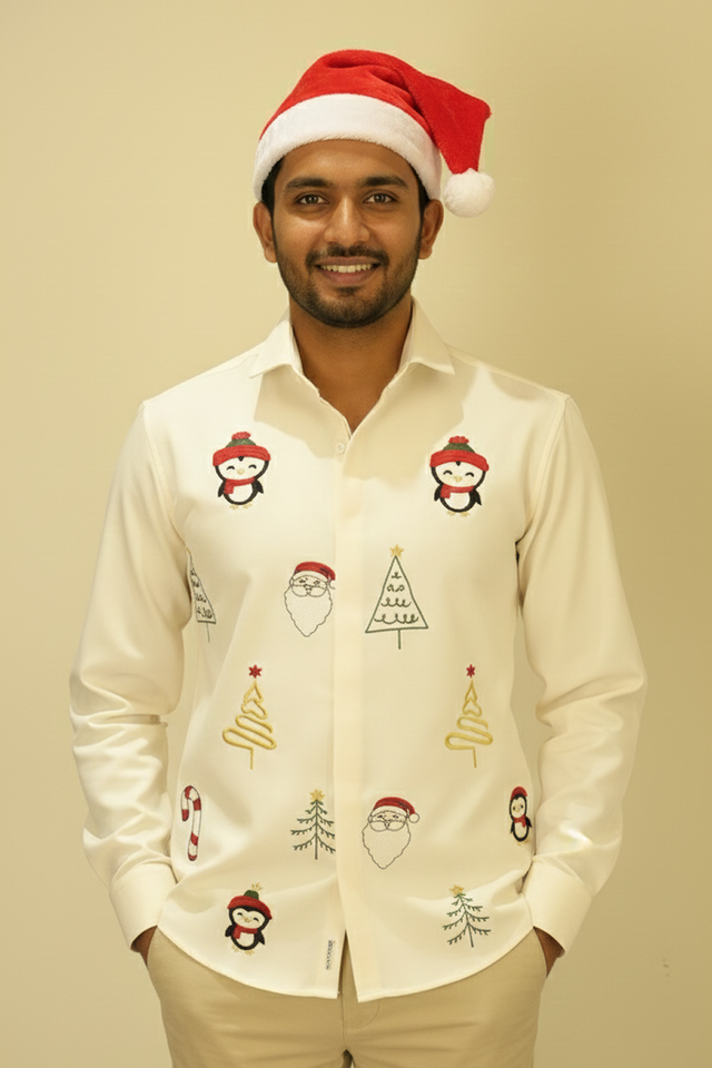 Merry Motifs — Cream Festive Embroidered Armani Fabric Shirt