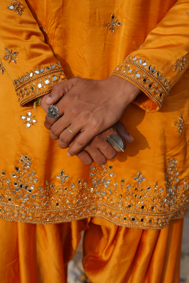 Varchas — Marigold Mirror & Zari Embroidered Raw Silk Satin Kurta
