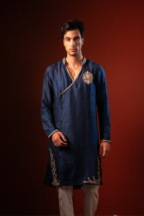 Manomaya — Navy Thread Embroidered Falling Raw Silk Kurta