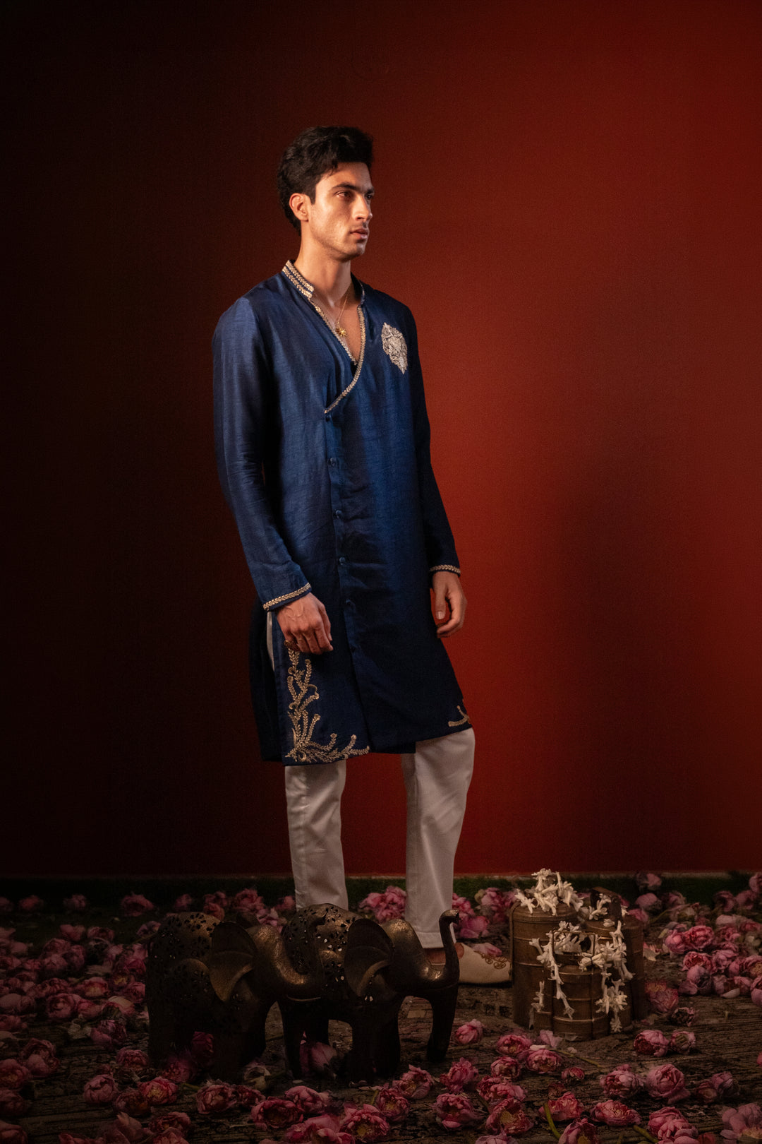 Manomaya — Navy Thread Embroidered Falling Raw Silk Kurta