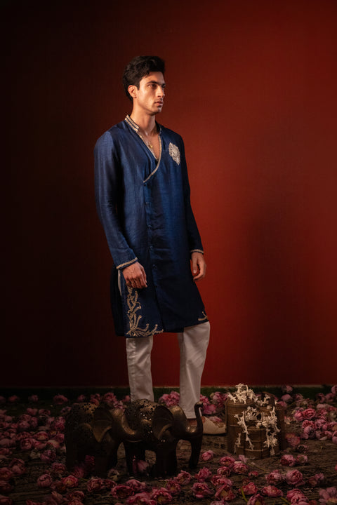 Manomaya — Navy Thread Embroidered Falling Raw Silk Kurta