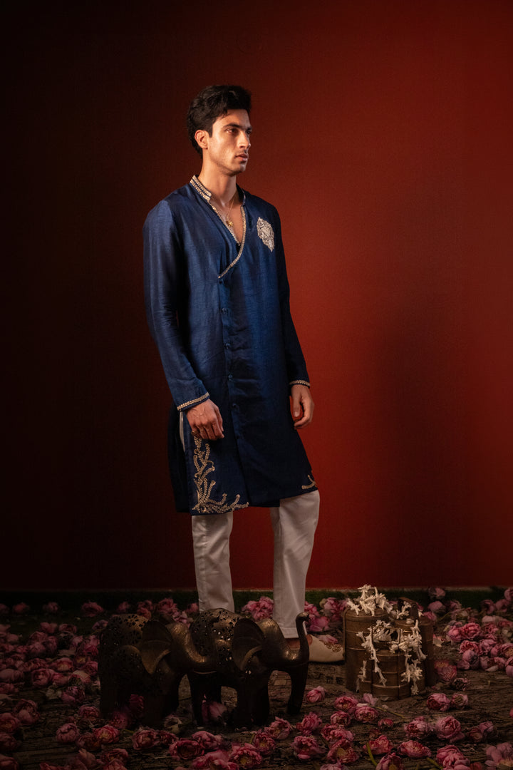 Manomaya — Navy Thread Embroidered Falling Raw Silk Kurta