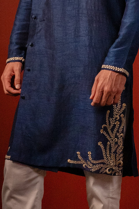 Manomaya — Navy Thread Embroidered Falling Raw Silk Kurta