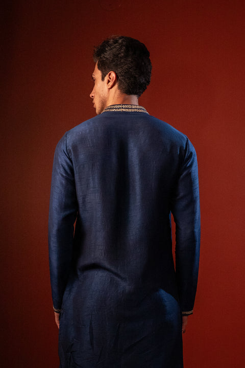 Manomaya — Navy Thread Embroidered Falling Raw Silk Kurta