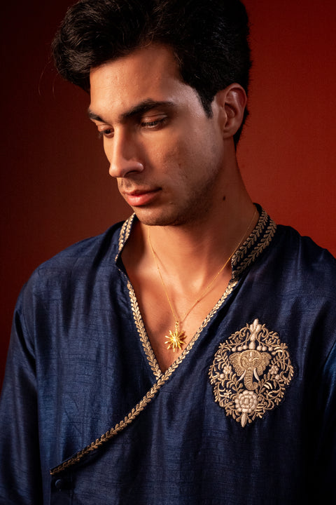 Manomaya — Navy Thread Embroidered Falling Raw Silk Kurta