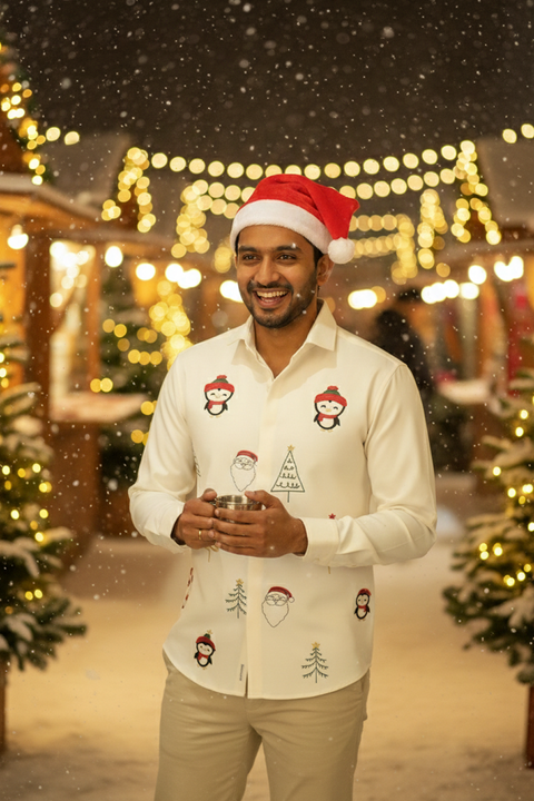 Merry Motifs — Cream Festive Embroidered Armani Fabric Shirt