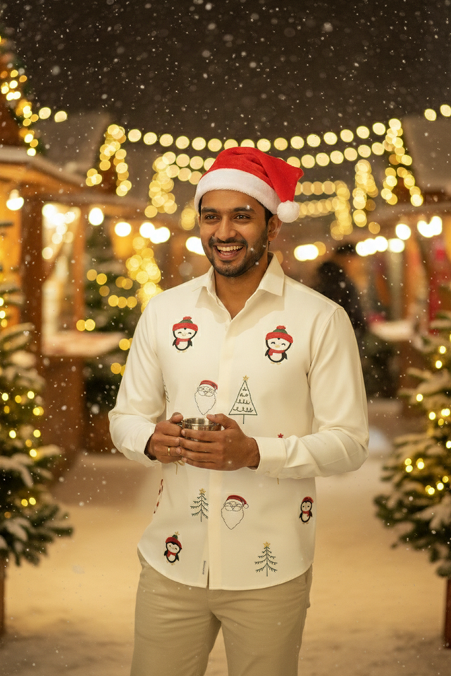 Merry Motifs — Cream Festive Embroidered Armani Fabric Shirt