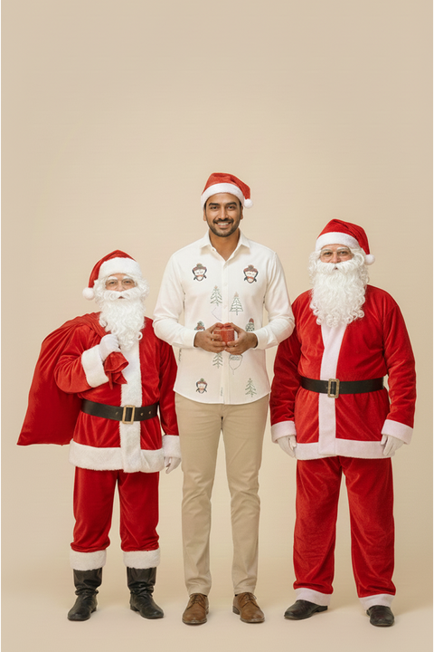 Merry Motifs — Cream Festive Embroidered Armani Fabric Shirt