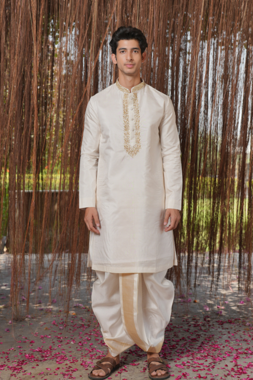 Dhvani Kanjivaram — White Hand Embroidered Kanjivaram Pattu Silk Kurta Set