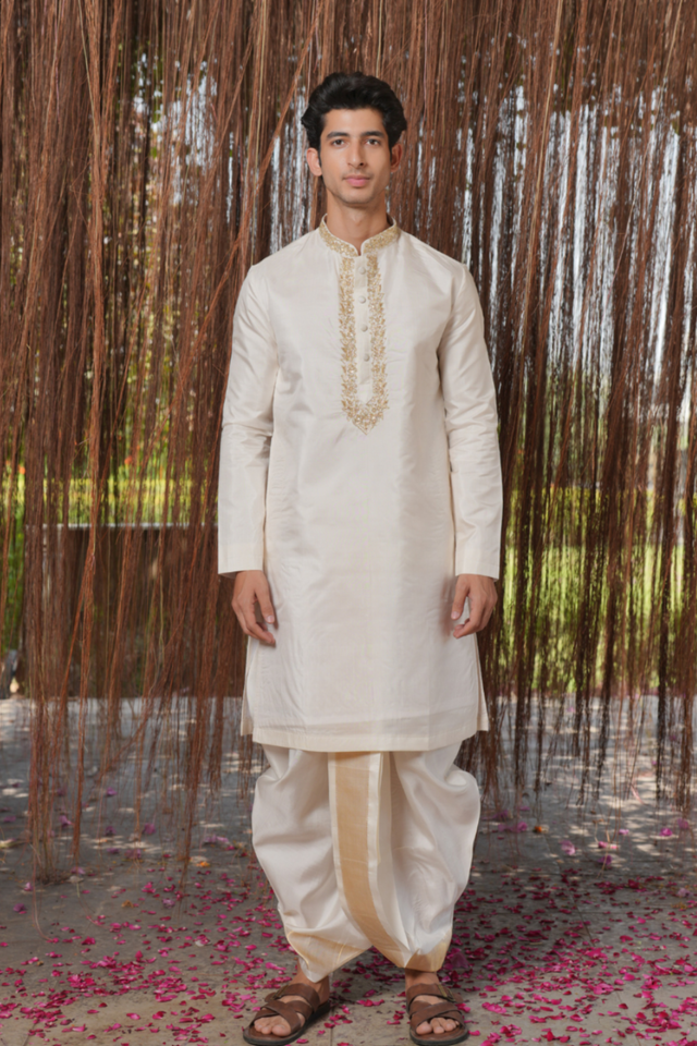 Dhvani Kanjivaram — White Hand Embroidered Kanjivaram Pattu Silk Kurta Set