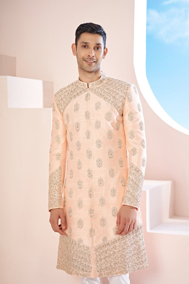 Vexella — Peach Hand Embroidered Raw Silk Sherwani