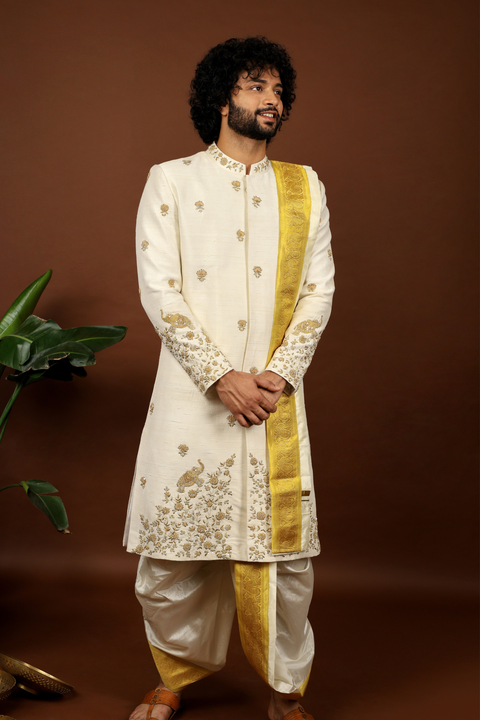 Oro — Off White Gold Hand Embroidered Raw Silk Sherwani & Dhoti Set