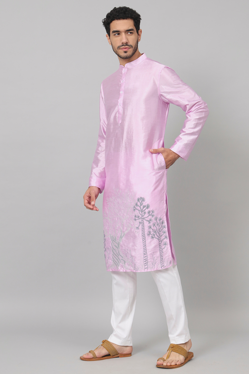 Lavender embroidered semi-raw silk kurta with downward thread placement — Lila by HILO DESIGN