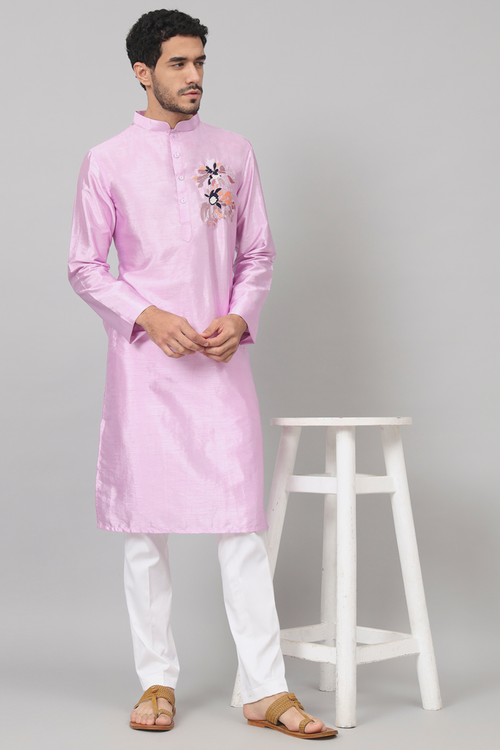 Lavender embroidered semi-raw silk kurta with chest thread work — Lavie by HILO DESIGN