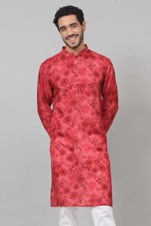 Blossomage — Red Floral Print Silk Kurta