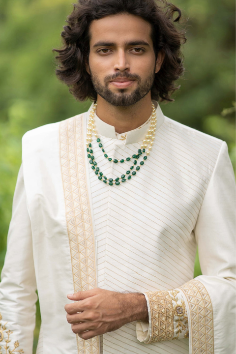 Cream Gold — Cream Hand Embroidered Dupion Silk Sherwani