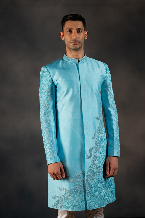 Underwater Bliss — Blue Hand Embroidered Raw Silk Sherwani