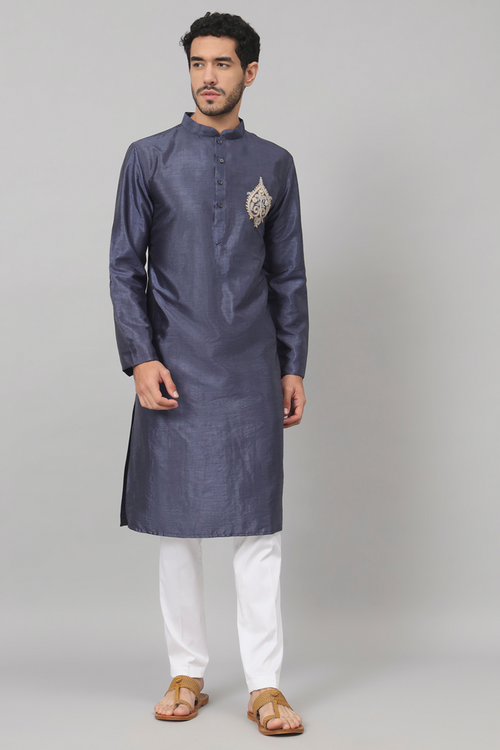 Blue embroidered semi-raw silk kurta with chest buta motif — Cyan by HILO DESIGN