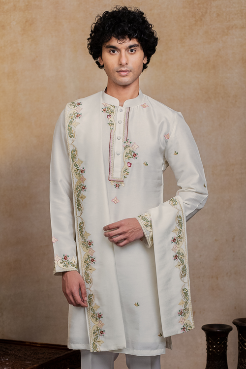Geometric Symphony — Geometric Embroidered Falling Raw Silk Kurta
