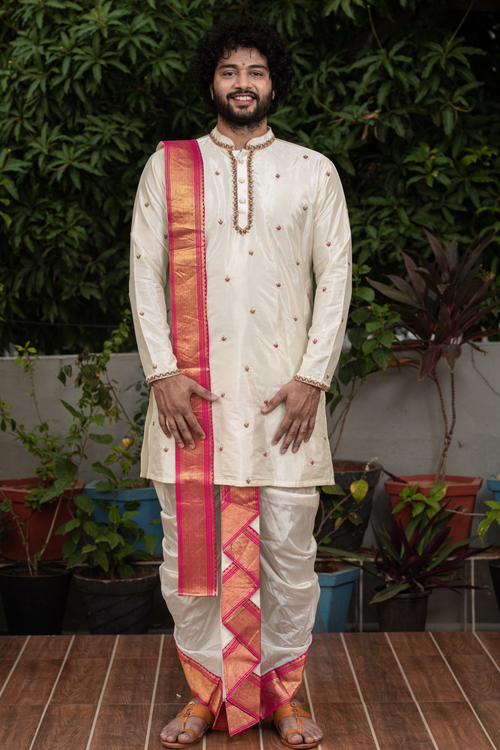 Classic Hand Embroidery — Off-White Pink-Thread Zardozi Pattu Kurta Set