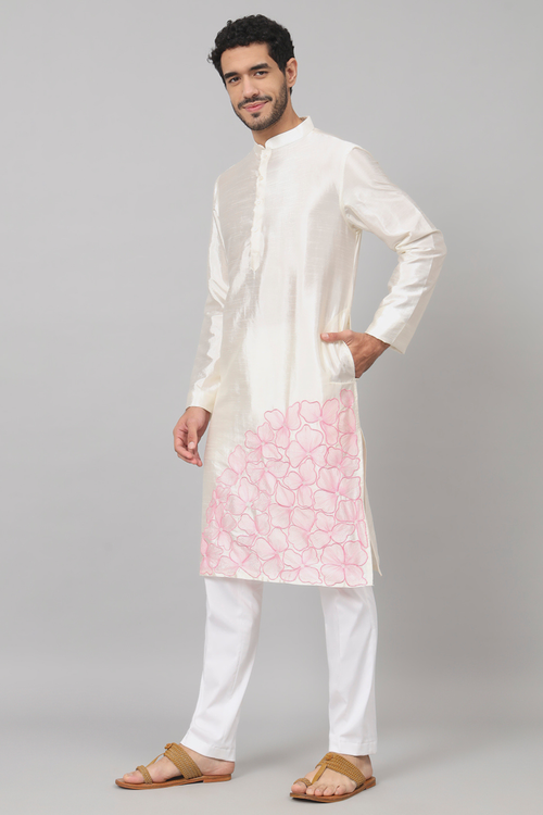 Ivoire — Off White Embroidered Semi Raw Silk Kurta