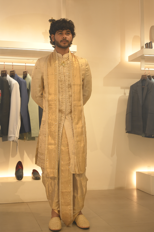 Swarnika — Gold Hand Embroidered Double Tissue Pattu Sherwani Set