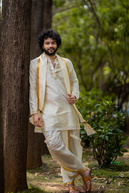 Gleaming Gold — Off-White Gold Zari Thread Embroidered Pattu Kurta Set