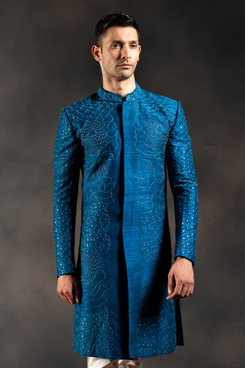 Starlit Indigo — Indigo Hand Embroidered Raw Silk Sherwani