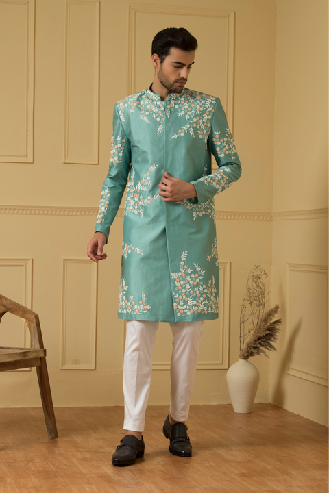 Marino — Sage Green Hand Embroidered Dupion Silk Sherwani