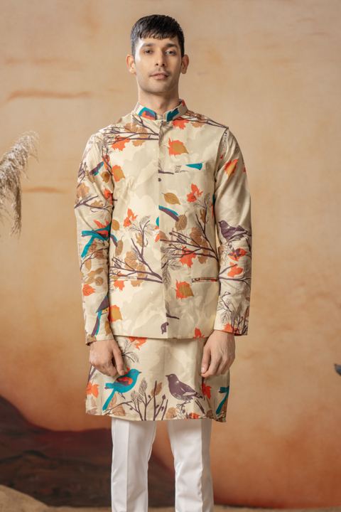 Avescape — Beige Nature Printed Cotton Satin Nehru Jacket Set
