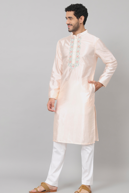 Oxlip — Peach Embroidered Semi Raw Silk Kurta