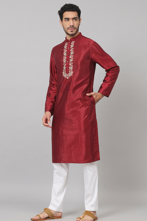 Claret — Maroon Embroidered Semi Raw Silk Kurta
