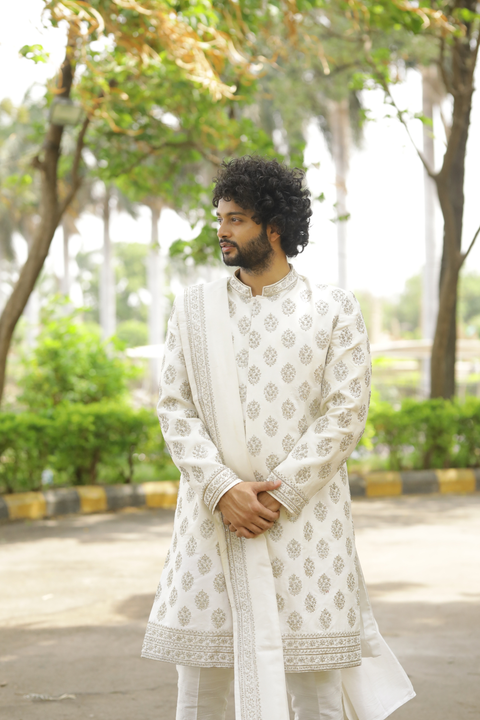 Iysian Silver — White Silver Hand Embroidered Dupion Silk Sherwani