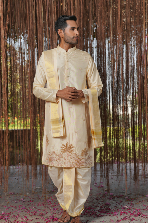 Vruksha Kanjivaram — Cream Pink Hand Embroidered Kanjivaram Pattu Silk Kurta Set